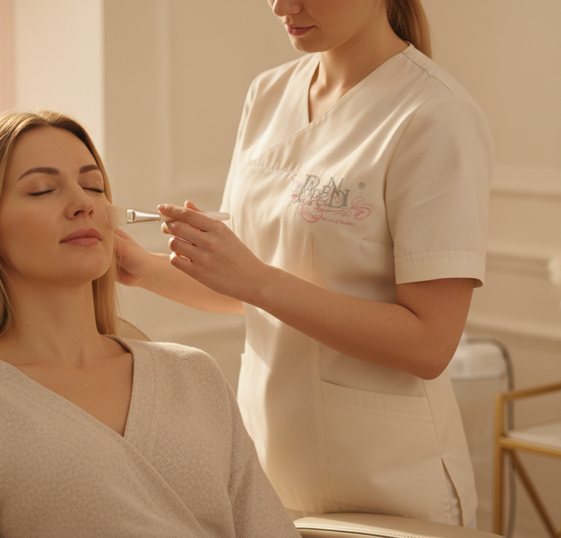Peeling chemiczny MediDerma w salonie PARENDI Kraków – aplikacja kwasu azelainowego na twarz